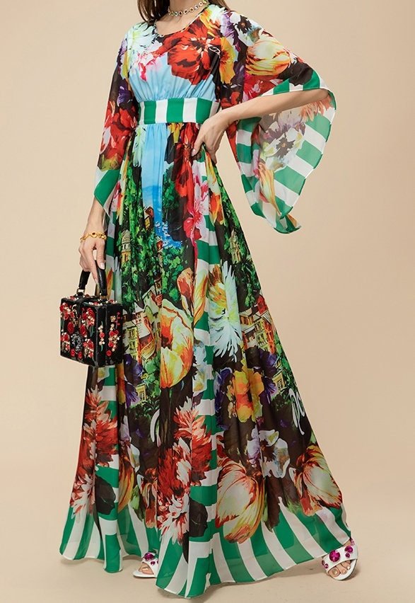 OUTLET: Italian luxury chiffon fabric (Portofino print) half sleeve dress, SIZE L