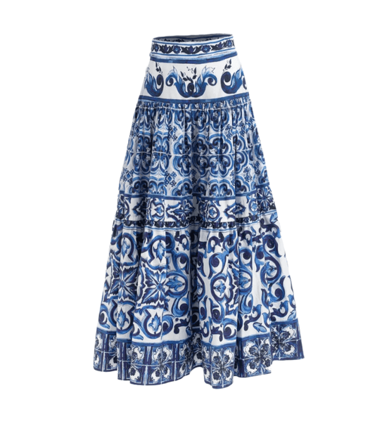 OUTLET: Luxury Italian designer Majolica Blue Tiles print 100% cotton skirt, SIZE L - Dress By Vicky
