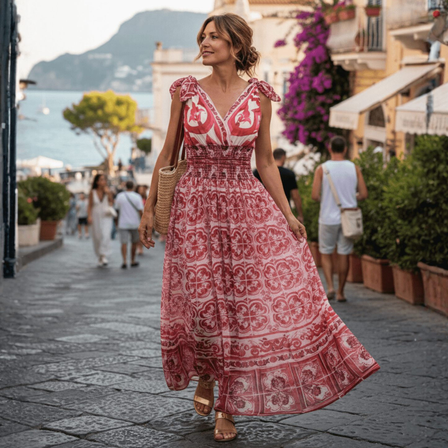 OUTLET: Red Majolica Porcelain Maxi Dress, SIZE L - Dress By Vicky