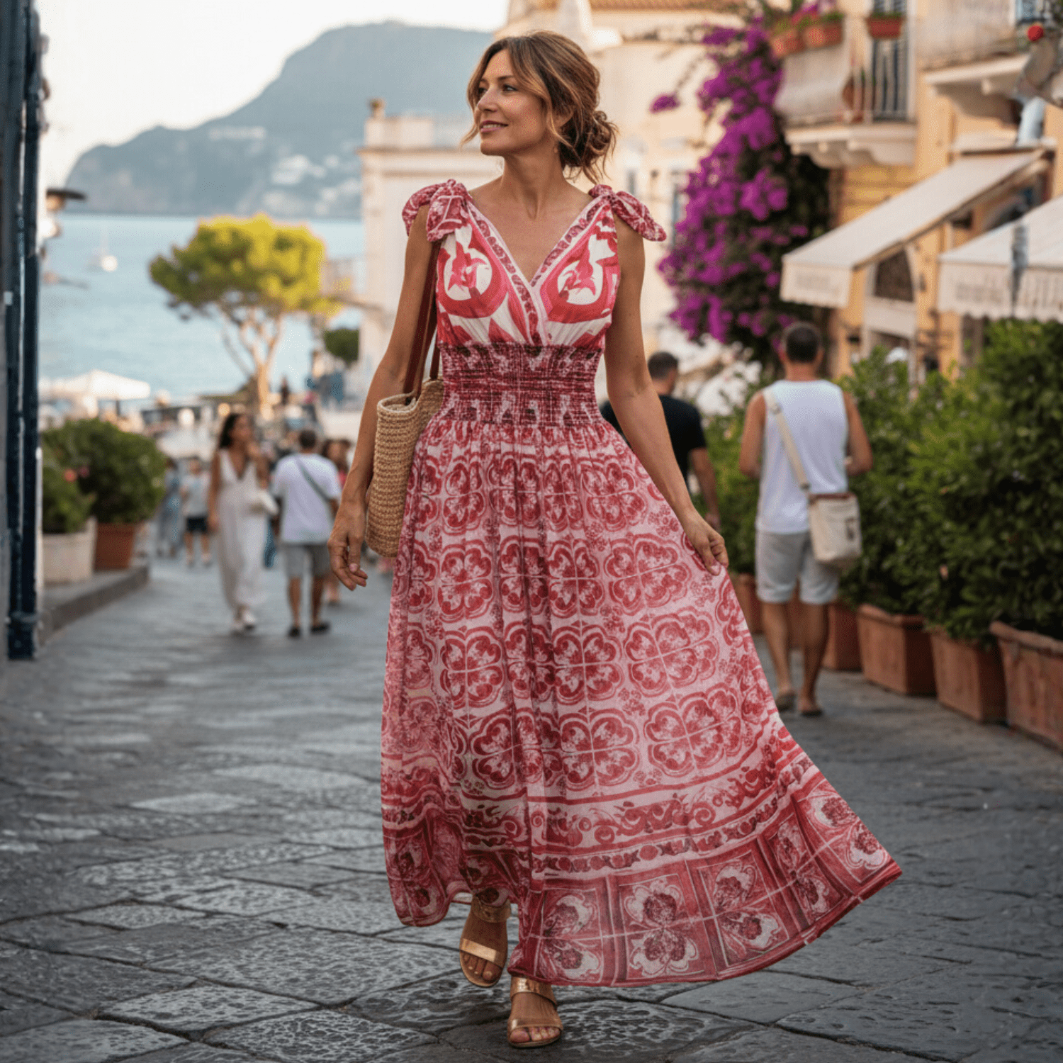 OUTLET: Red Majolica Porcelain Maxi Dress, SIZE L - Dress By Vicky