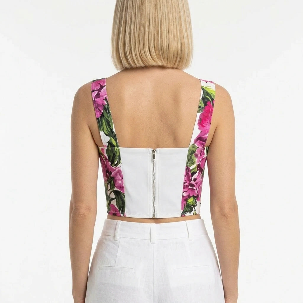Cotton Bustier Top with Pink Roses Print