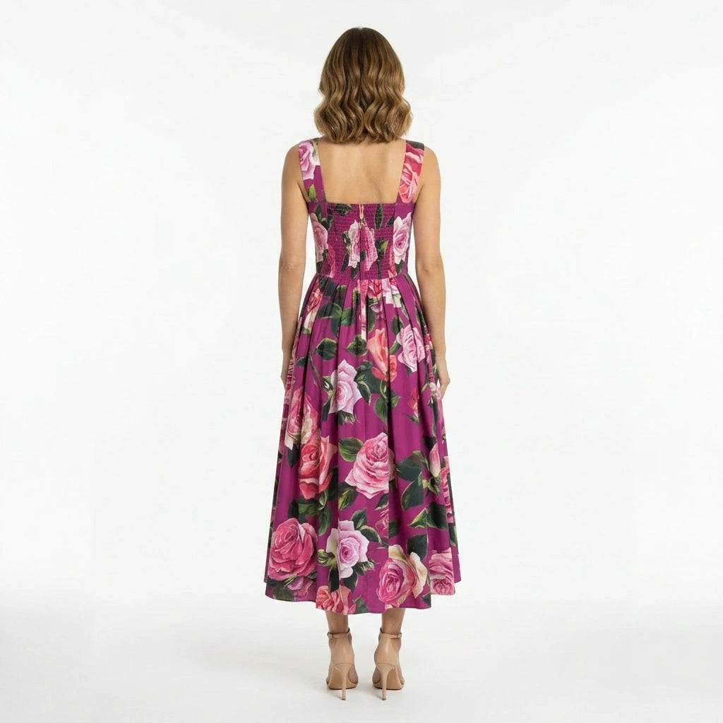 Luxury Fuchsia Roses print push up 100% cotton midi dress