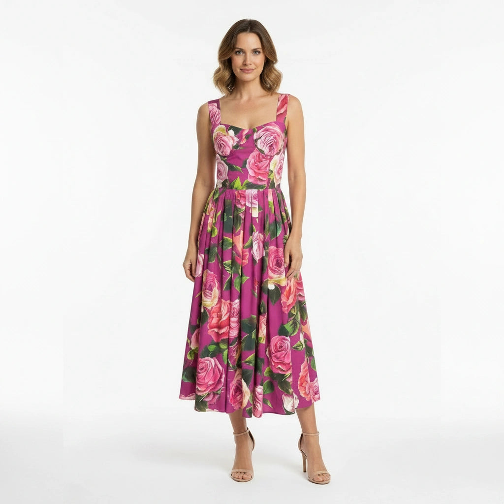 Luxury Fuchsia Roses print push up 100% cotton midi dress