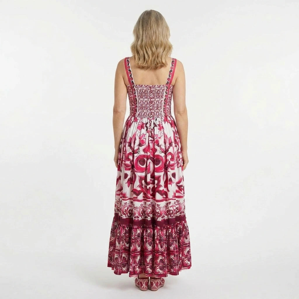 Red Majolica print cotton maxi dress