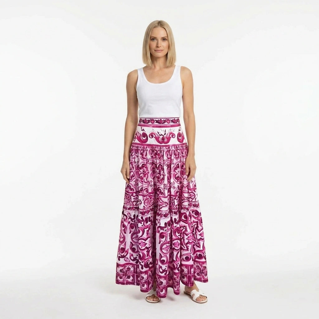 Red Majolica print 100% cotton maxi skirt