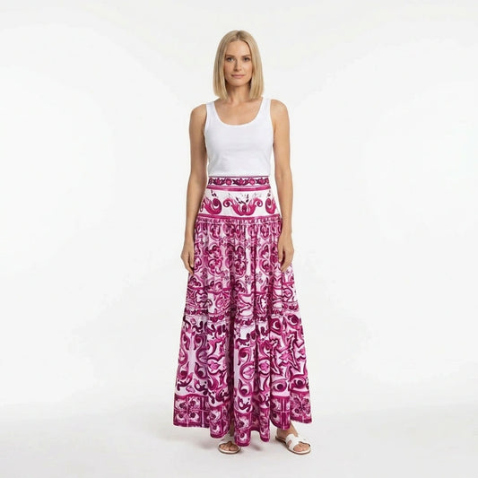 Red Majolica print 100% cotton maxi skirt