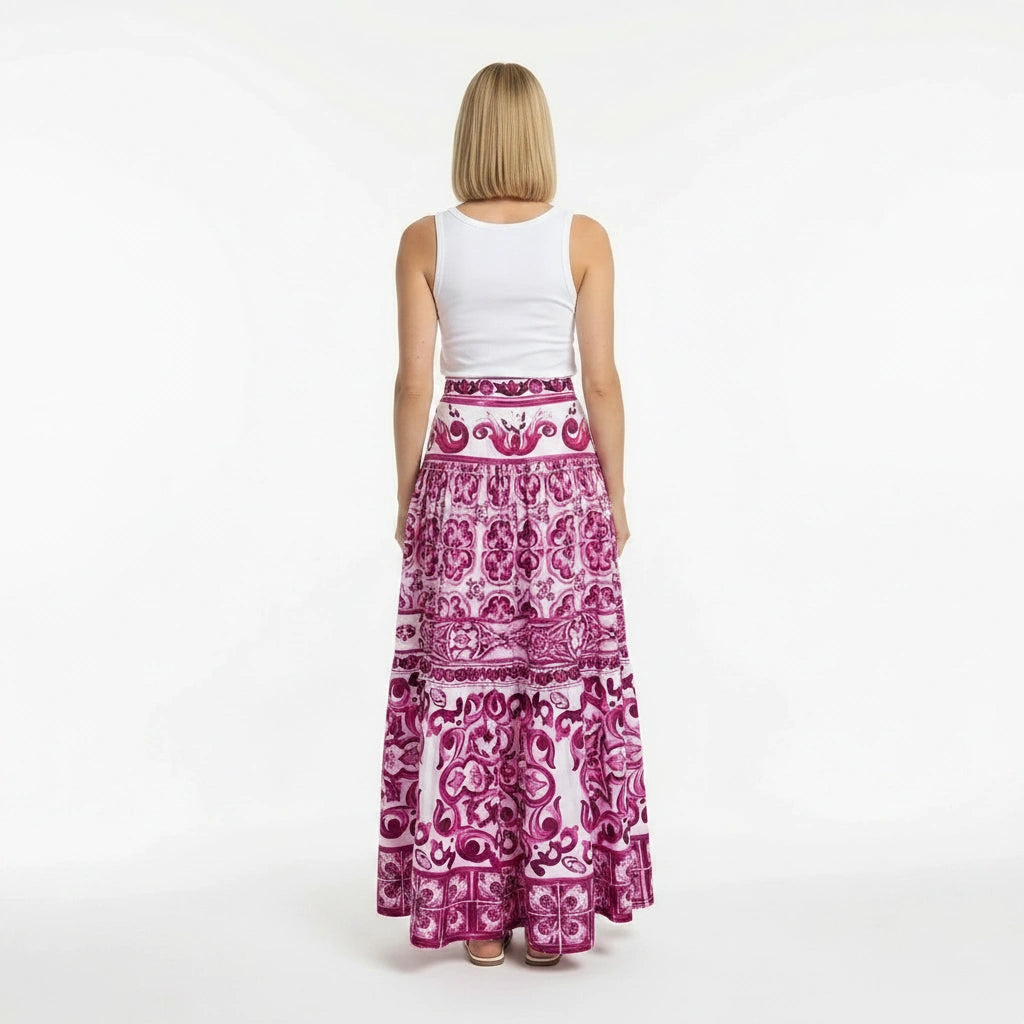 Red Majolica print 100% cotton maxi skirt