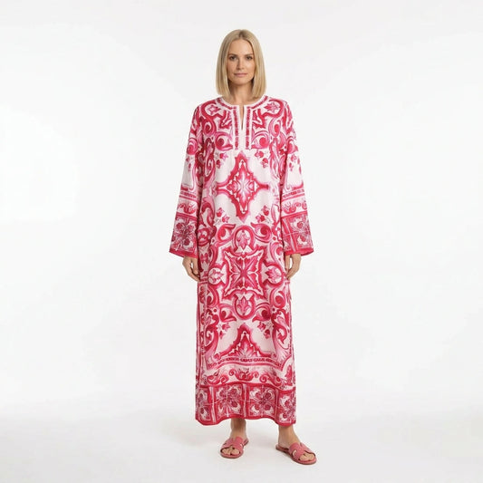 Red Majolica Porcelain print maxi Kaftan dress