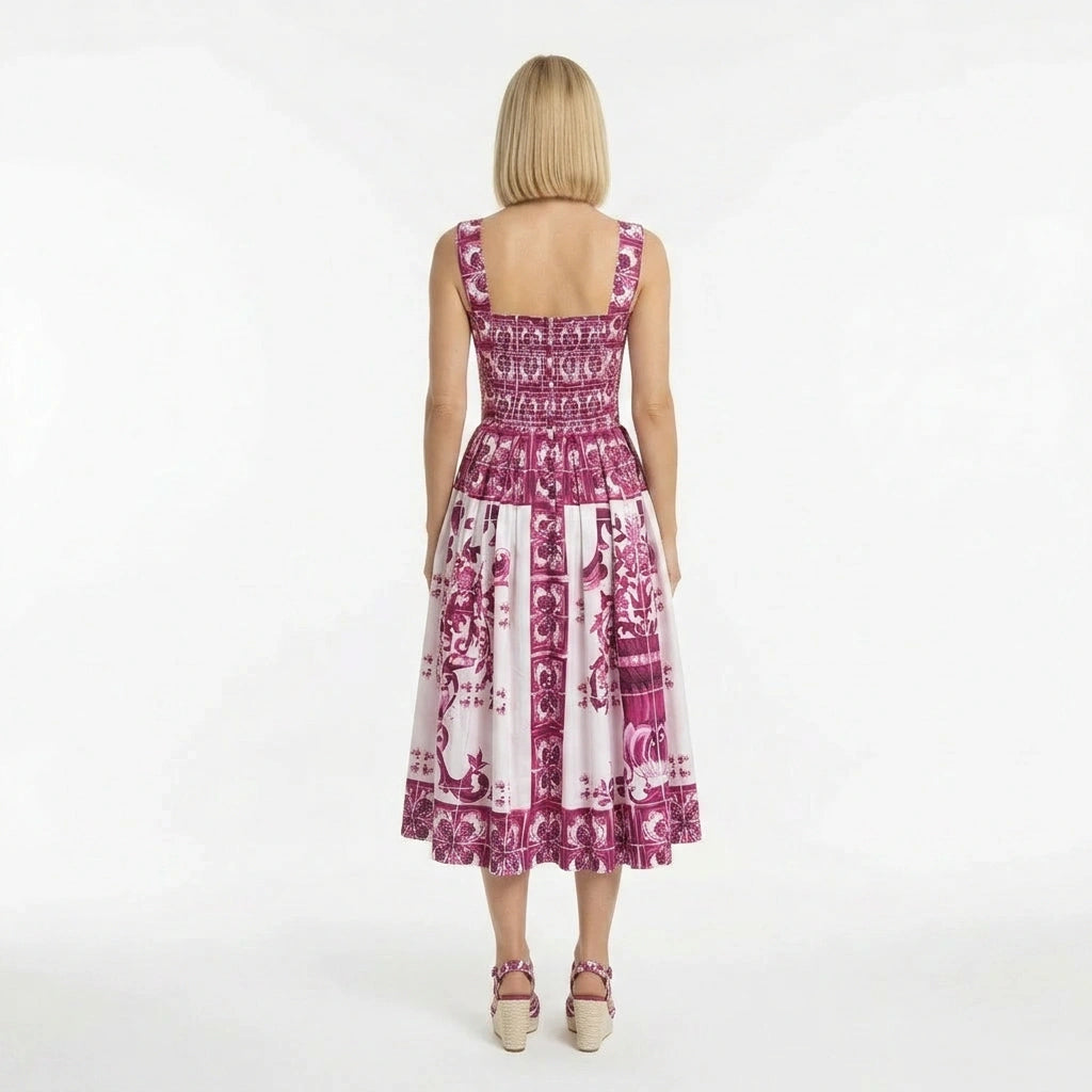 Pink Majolica Cotton Midi Dress with Padded Cups