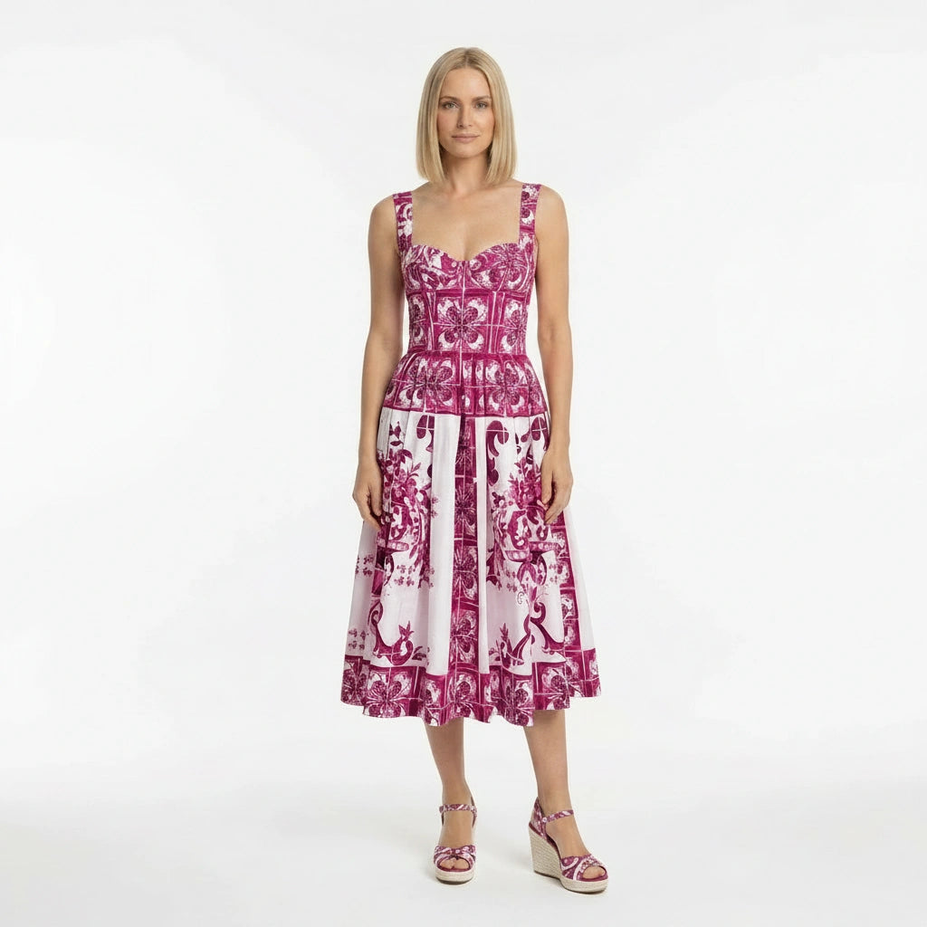 Pink Majolica Cotton Midi Dress with Padded Cups