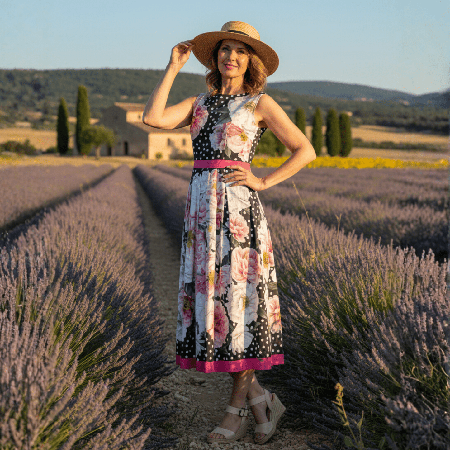 Polka dot sleeveless floral 100% cotton midi dress - Dress By Vicky