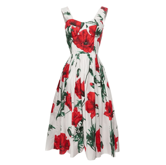 Poppies print floral push up cotton summer midi dress - Dress By Vicky