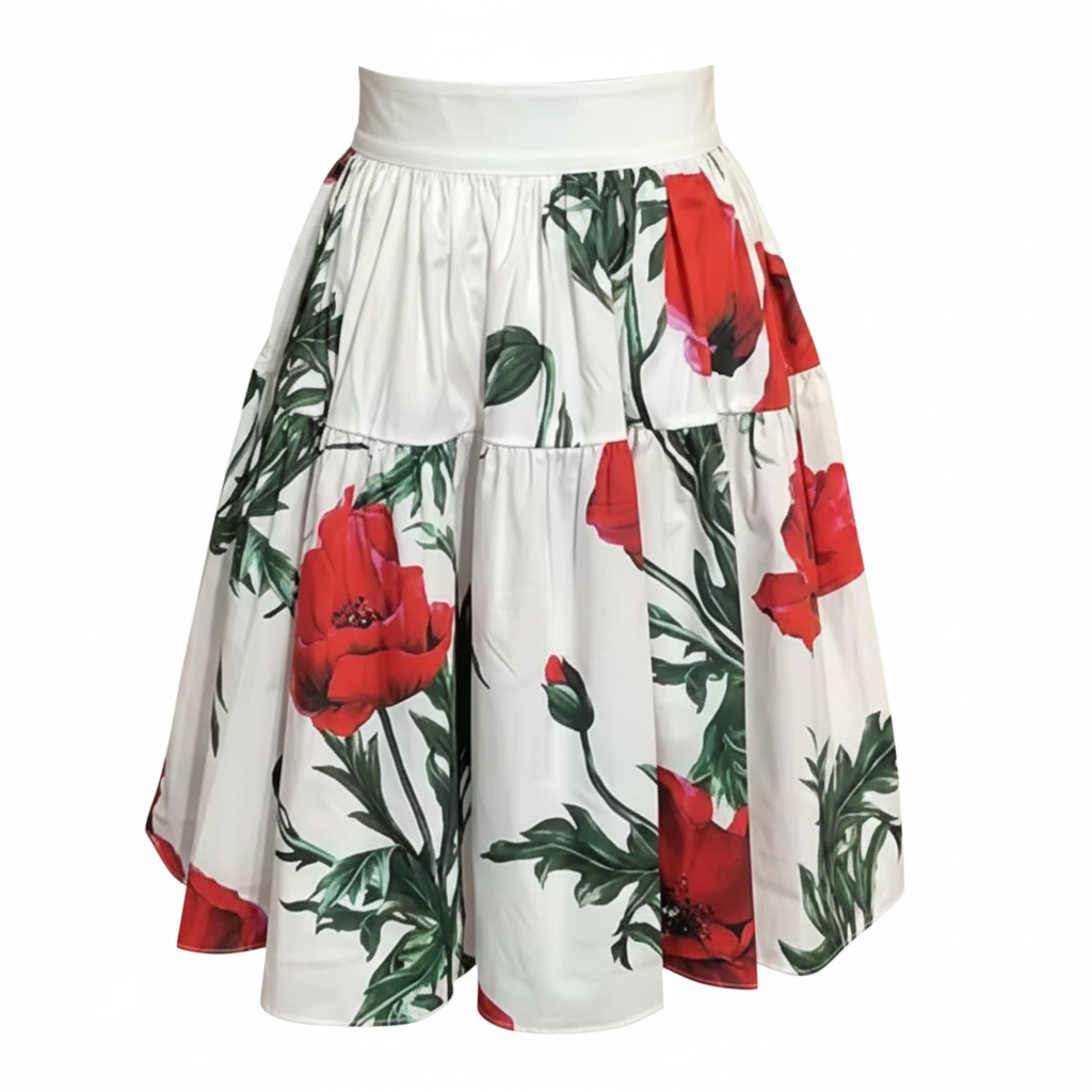 Red Poppies Floral Cotton Skirt