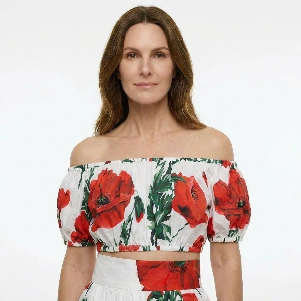 Red Poppies Floral Cotton Off-Shoulder Top