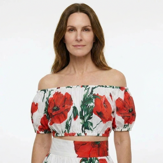 Red Poppies Floral Cotton Off-Shoulder Top