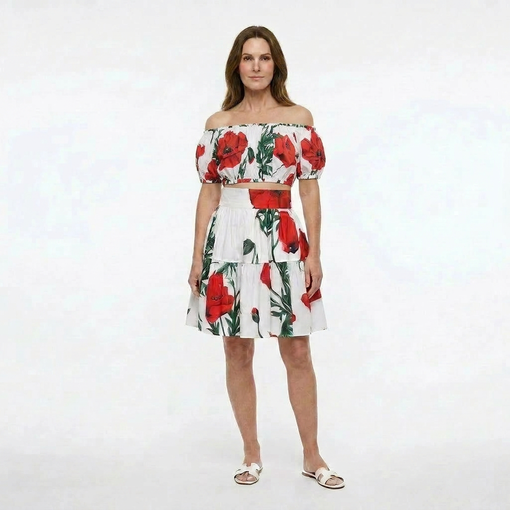 Red Poppies Floral Cotton Off-Shoulder Top