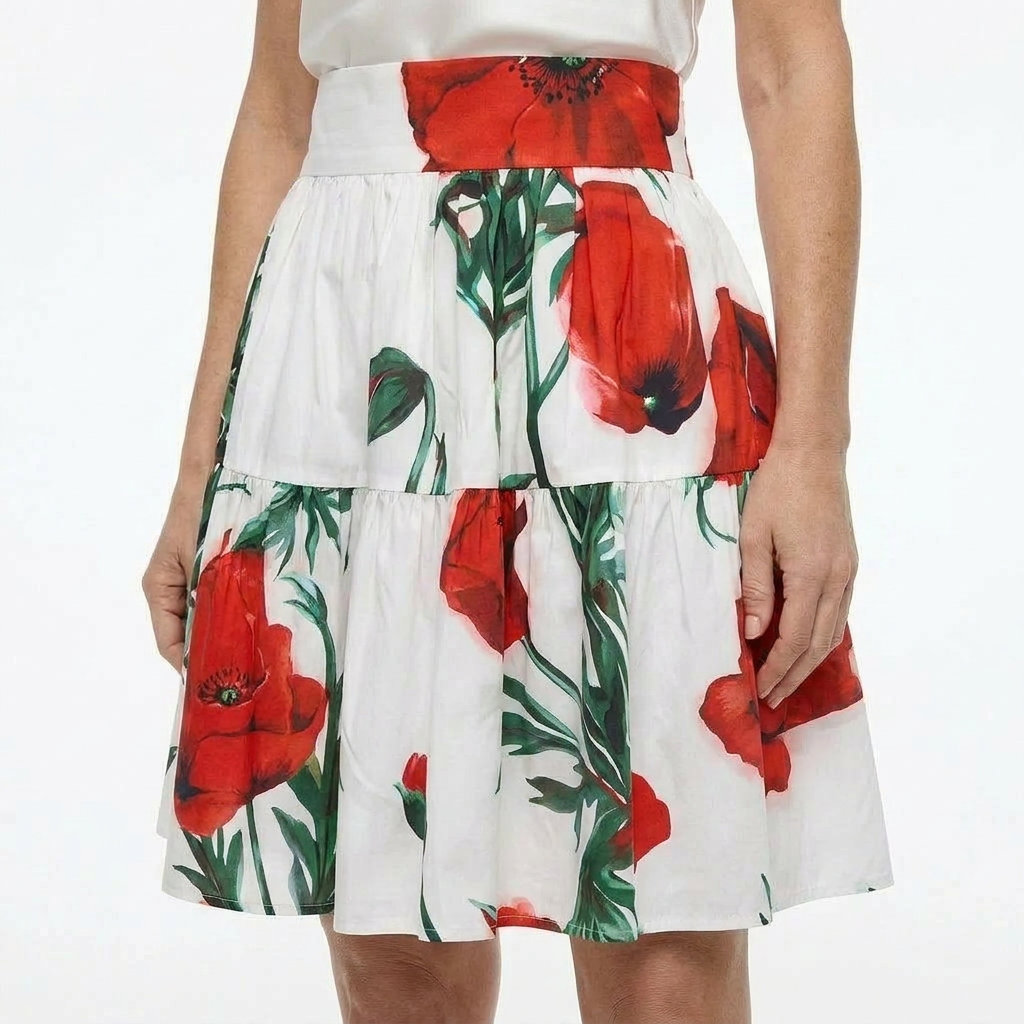 Red Poppies Floral Cotton Skirt