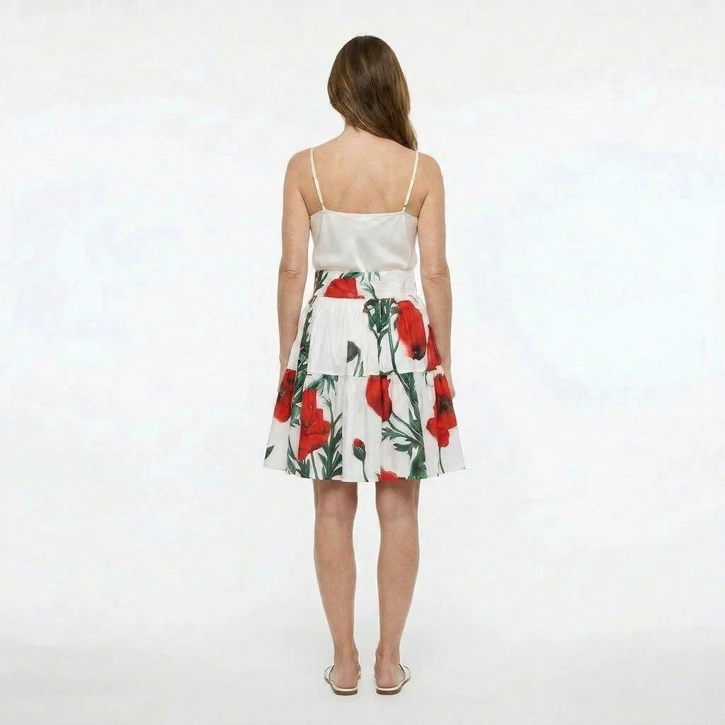 Red Poppies Floral Cotton Skirt