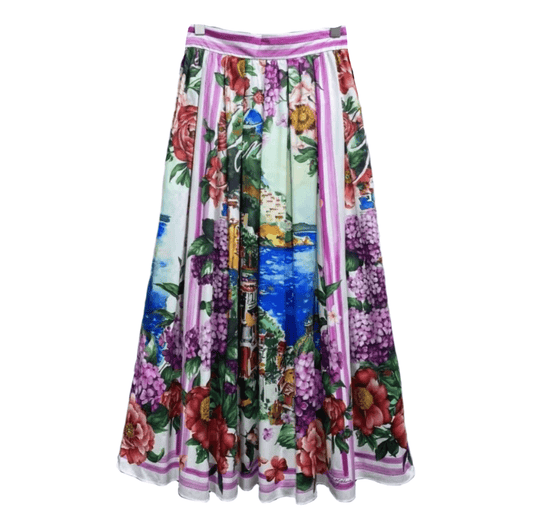 Positano landscape floral print 100% cotton midi pleated skirt - Dress By Vicky
