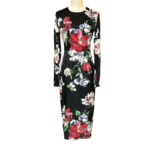 Pure Silk long sleeve Flowers on Black print midi cocktail dress - Dress By Vicky
