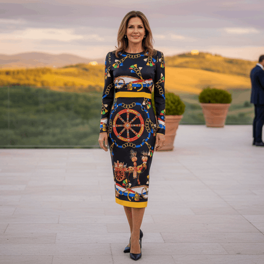 Woman in a colorful dress standing on a rooftop with a scenic background