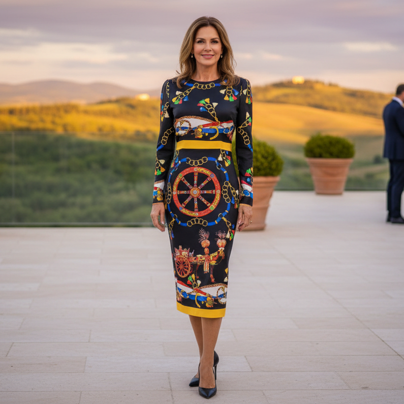 Woman in a colorful dress standing on a rooftop with a scenic background