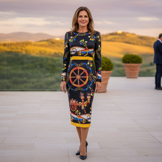 Woman in a colorful dress standing on a rooftop with a scenic background