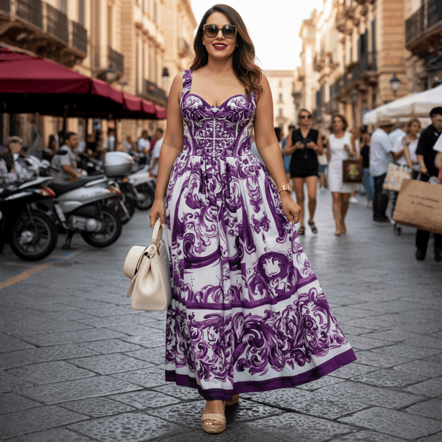 Italian Luxury Purple Majolica print 100% cotton dress