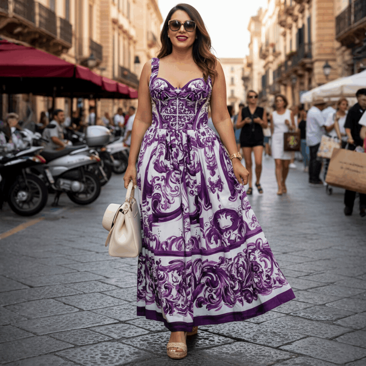 Italian Luxury Purple Majolica print 100% cotton dress