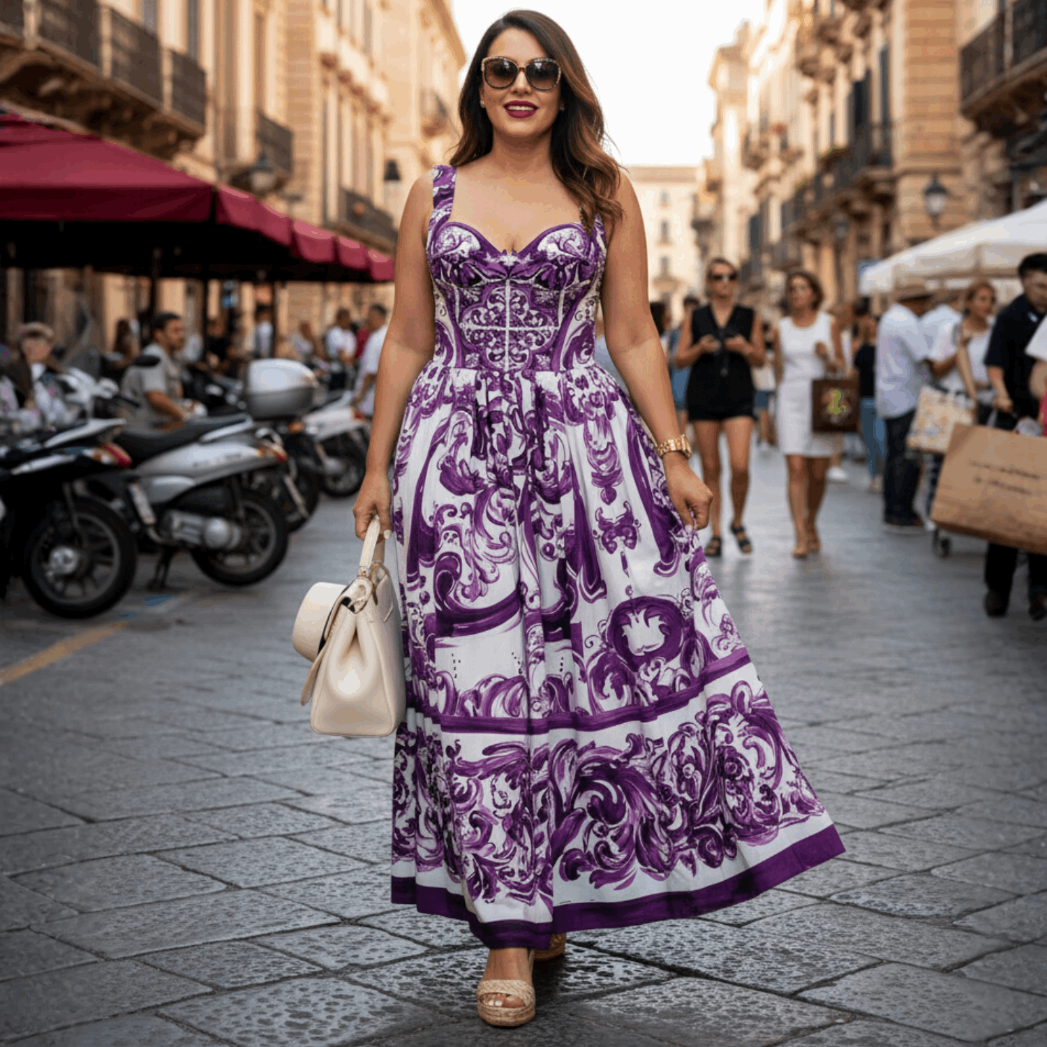 Italian Luxury Purple Majolica print 100% cotton dress