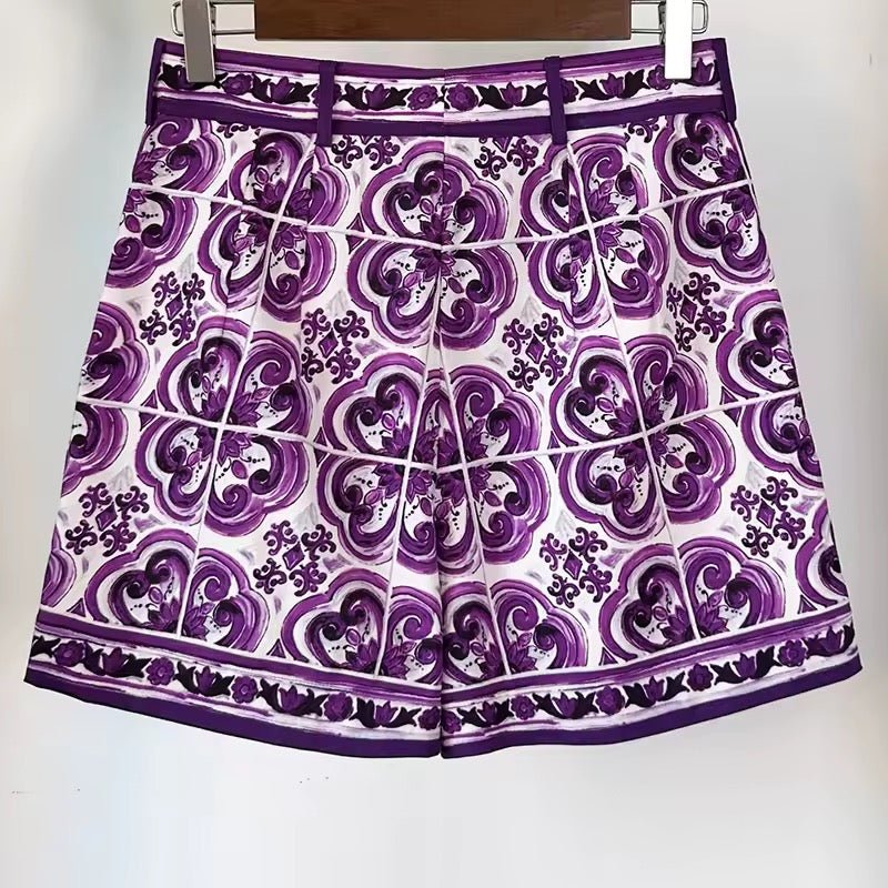Purple Majolica Porcelain print 100% cotton shorts - Dress By Vicky