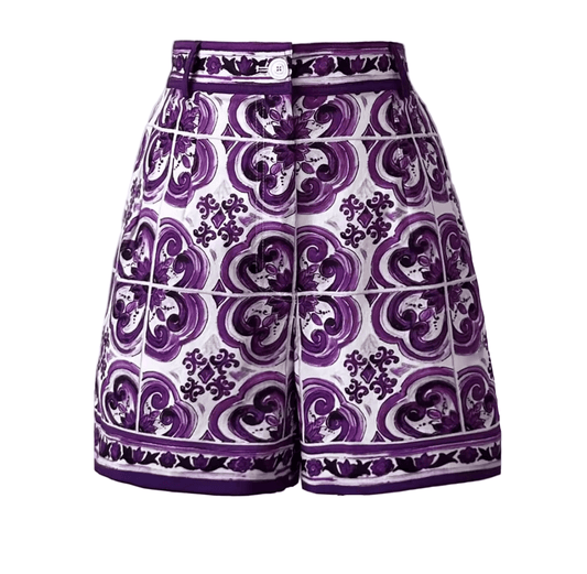 Purple Majolica Porcelain print 100% cotton shorts - Dress By Vicky