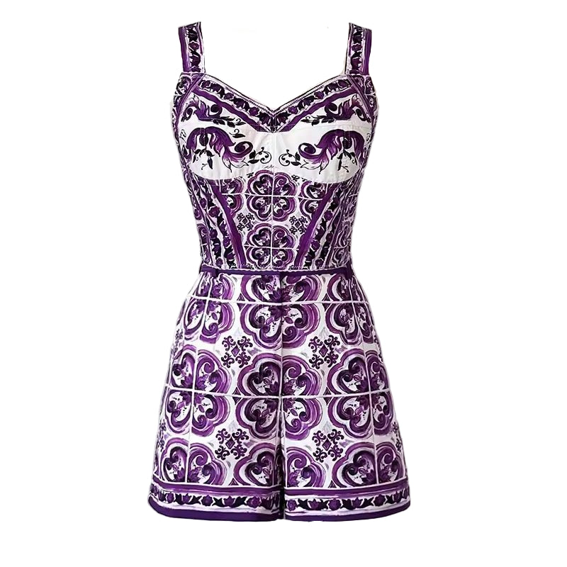 Purple Majolica Porcelain print 100% cotton shorts - Dress By Vicky
