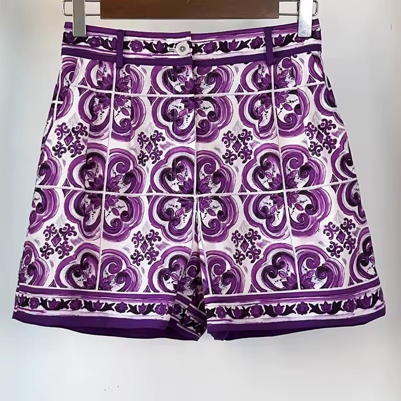 Purple Majolica Porcelain print 100% cotton shorts - Dress By Vicky
