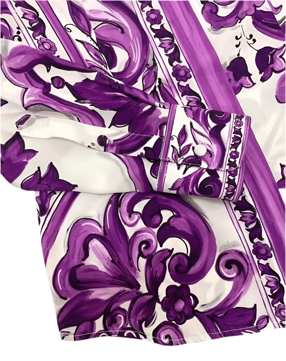 Purple Majolica porcelain print 100% silk long sleeve shirt - Dress By Vicky