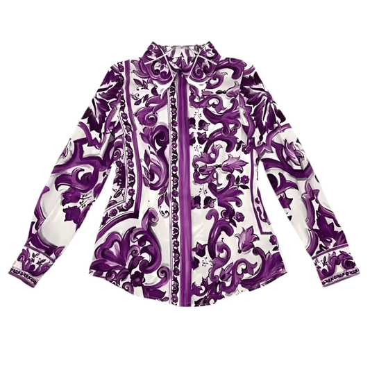 Purple Majolica porcelain print 100% silk long sleeve shirt - Dress By Vicky