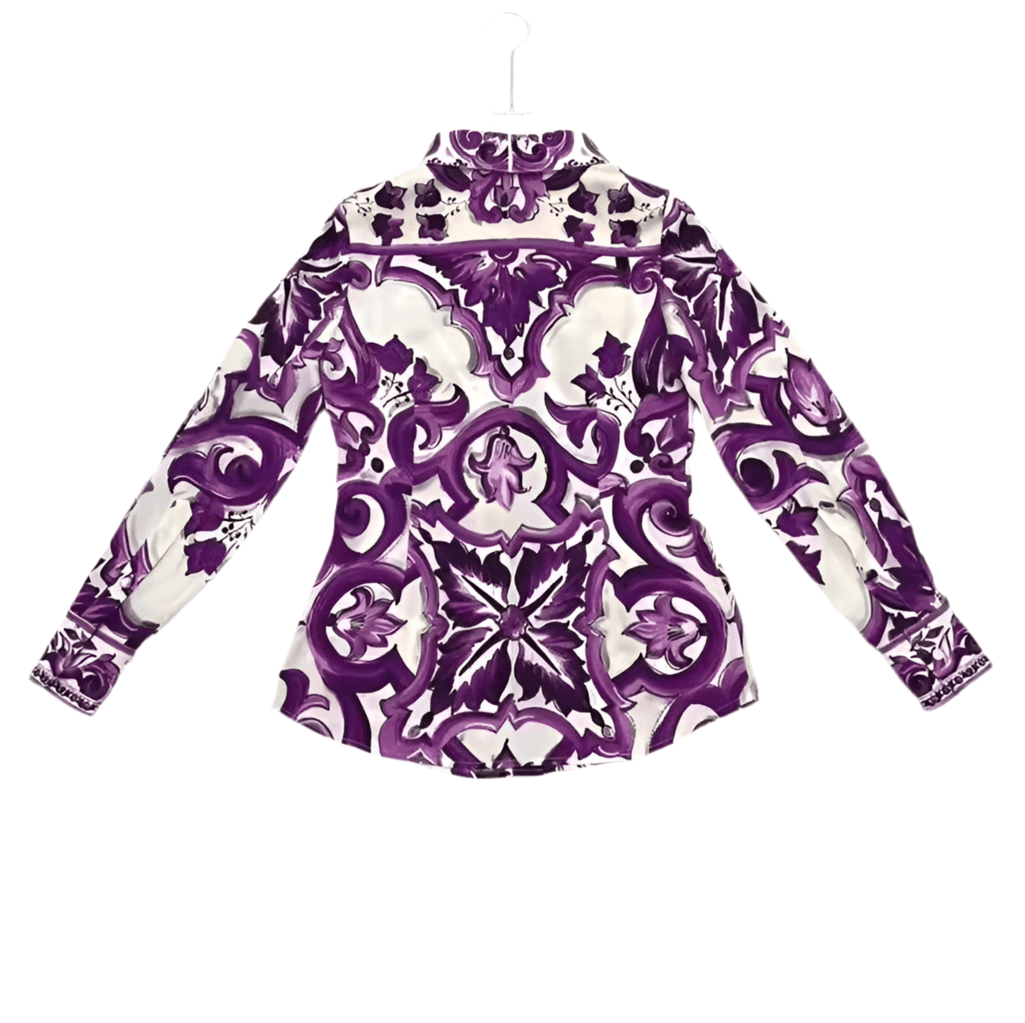 Purple Majolica porcelain print 100% silk long sleeve shirt - Dress By Vicky