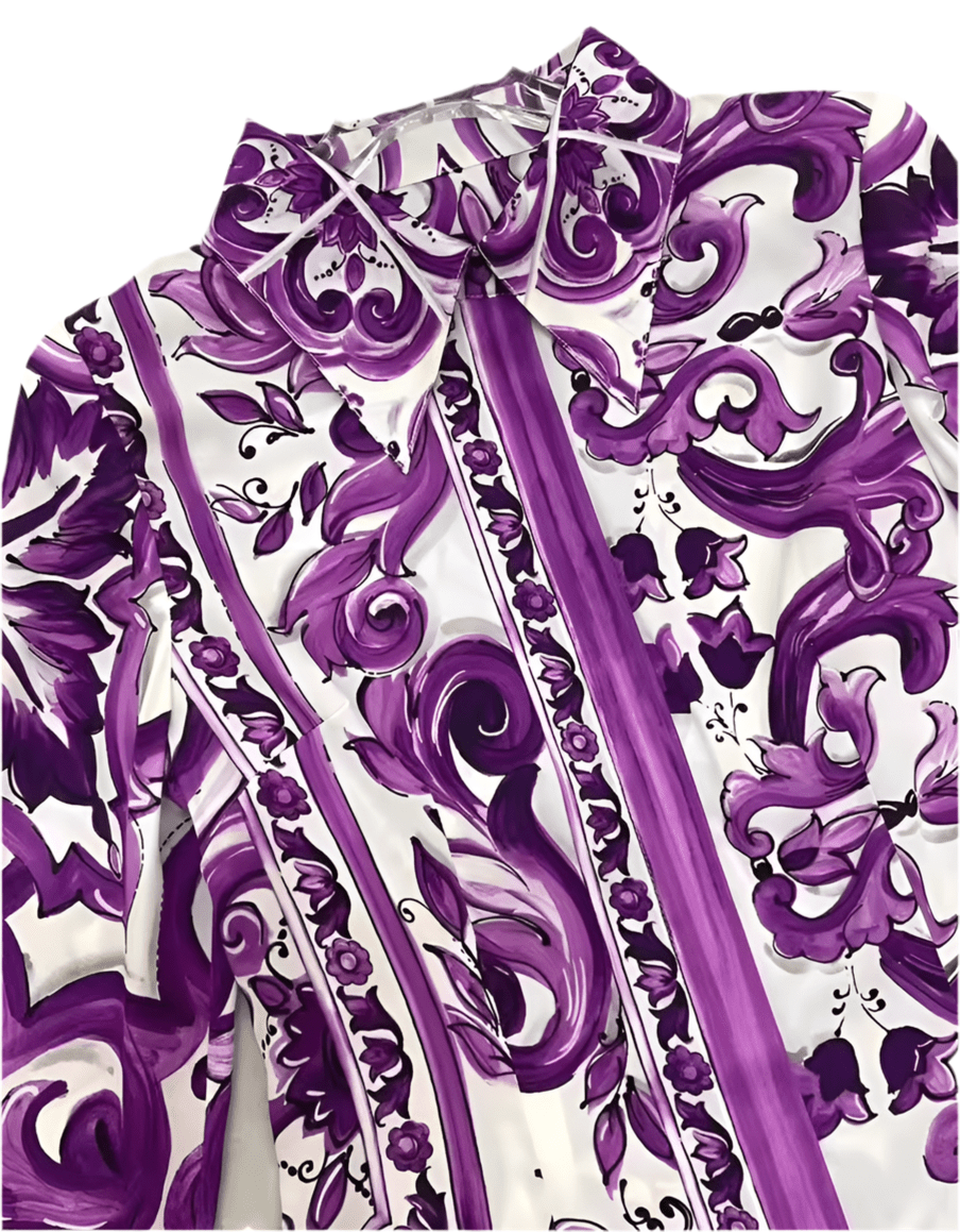 Purple Majolica porcelain print 100% silk long sleeve shirt - Dress By Vicky