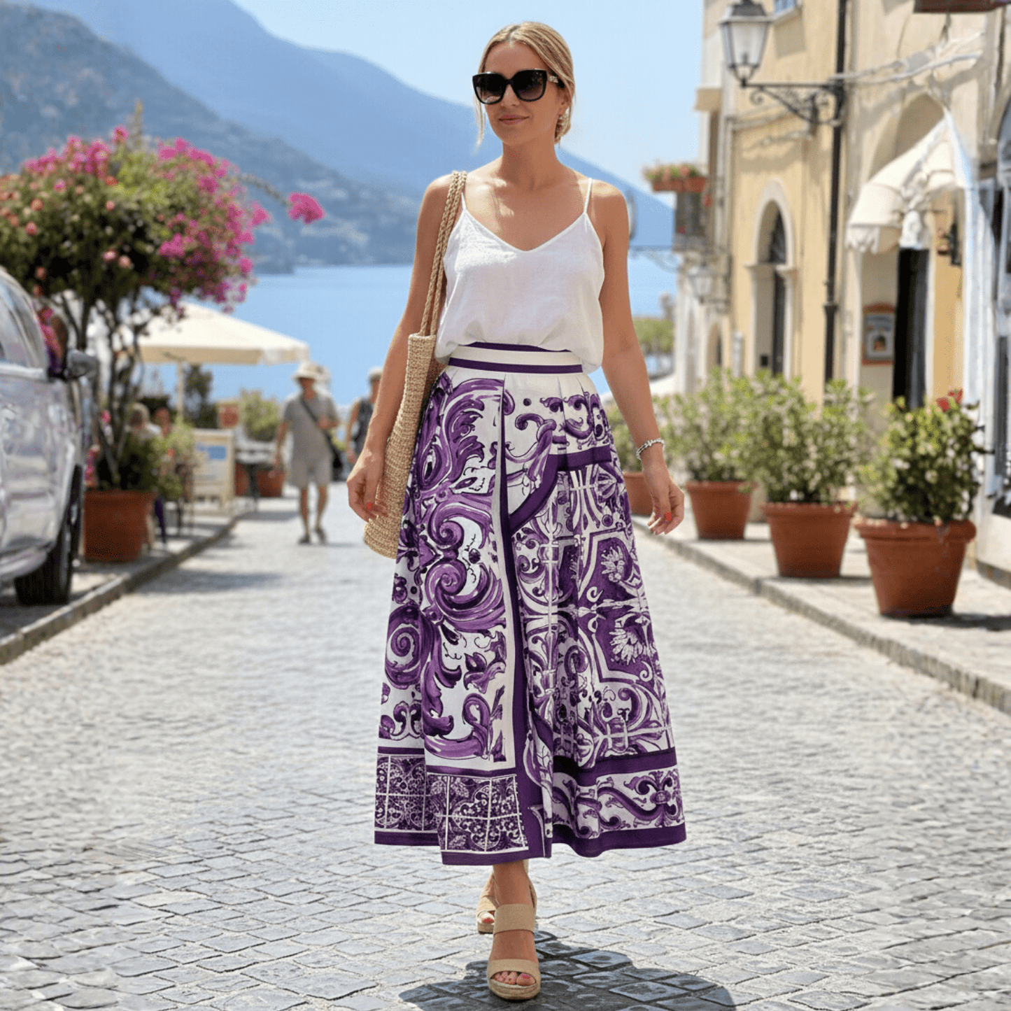 Purple Majolica print 100% cotton midi skirt - Dress By Vicky