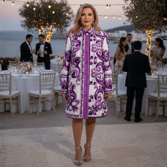 Purple Majolica print brocade long jacket, overcoat - Dress By Vicky