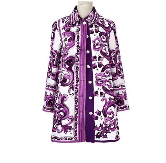 Purple Majolica print brocade long jacket, overcoat - Dress By Vicky