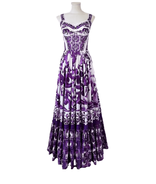 Italian Purple Majolica print 100% cotton dress - Dress By Vicky