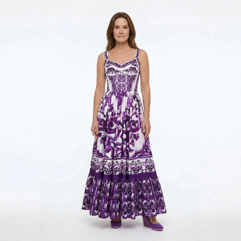 Italian Purple Majolica print 100% cotton dress