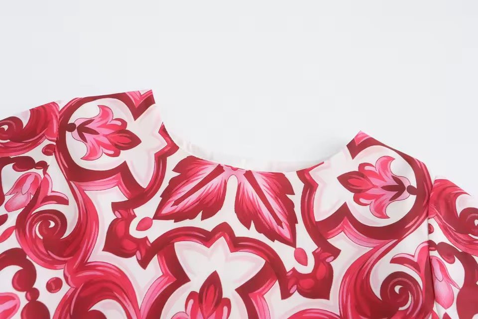 Red majolica print short sleeves kids dress - Dress By Vicky