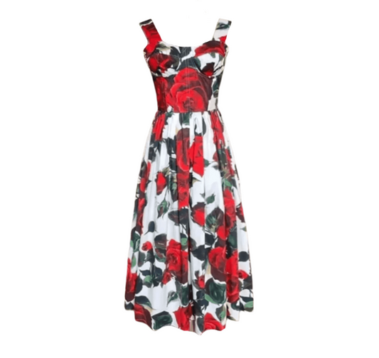Red Roses print floral cotton midi dress - Dress By Vicky