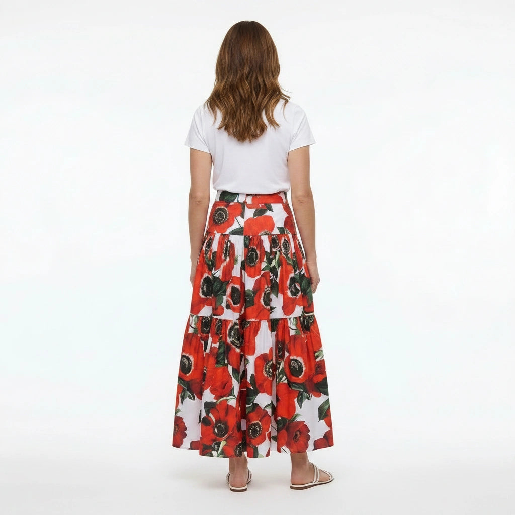Red Anemone Floral Cotton Maxi Skirt