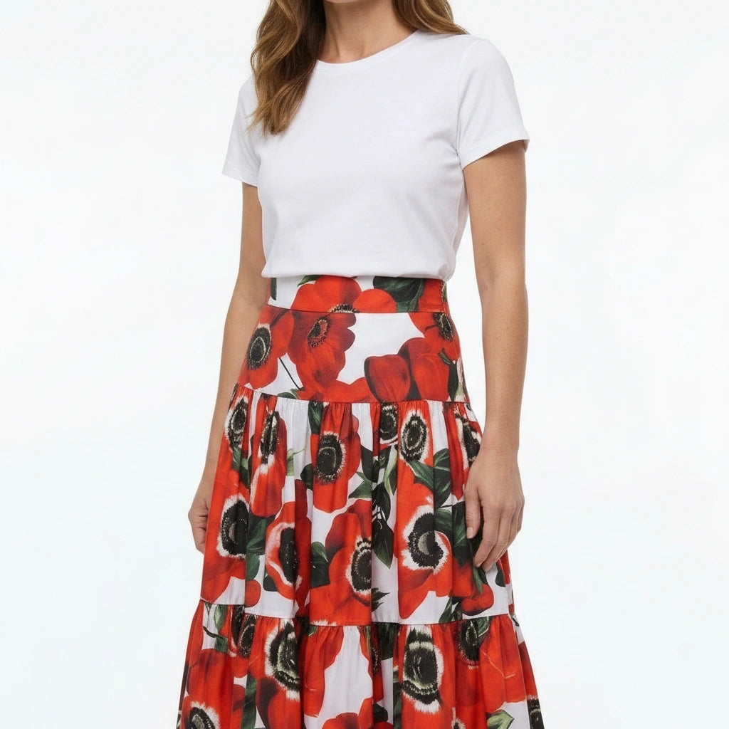 Red Anemone Floral Cotton Maxi Skirt