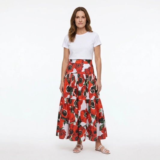 Red Anemone Floral Cotton Maxi Skirt