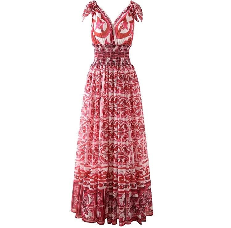 red chiffon majolica porcelain print maxi dress