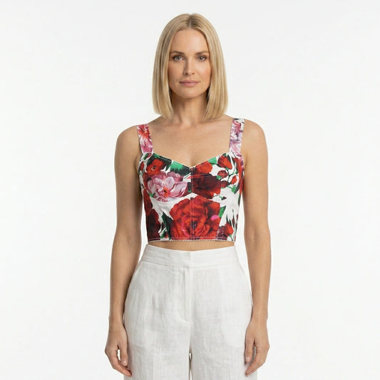 Red Floral Cotton Bustier Top